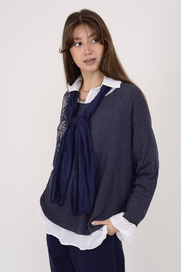 23098 TAŞ İŞLEMELİ 2Lİ TRİKO BLUZ