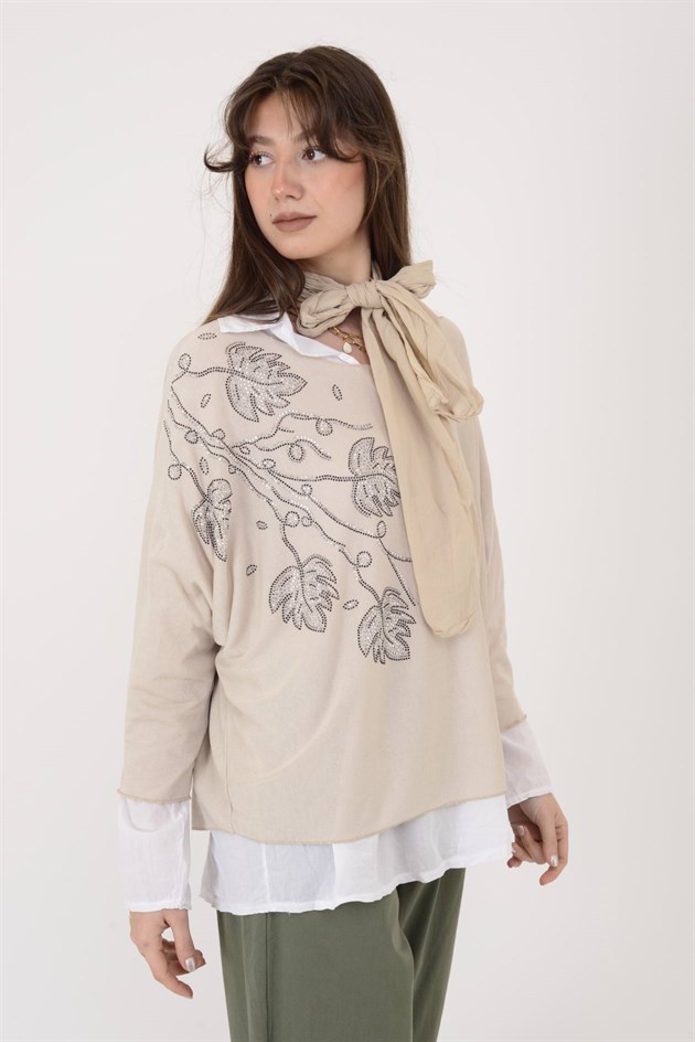 23098 TAŞ İŞLEMELİ 2Lİ TRİKO BLUZ