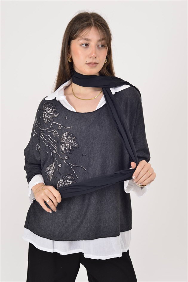 23098 TAŞ İŞLEMELİ 2Lİ TRİKO BLUZ