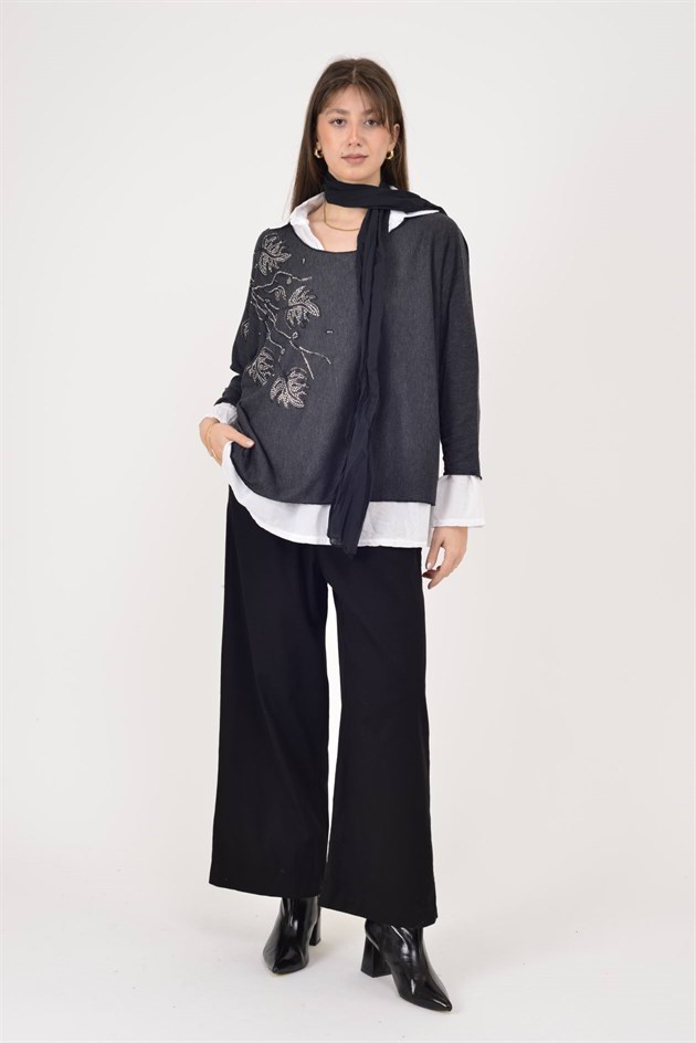 23098 TAŞ İŞLEMELİ 2Lİ TRİKO BLUZ