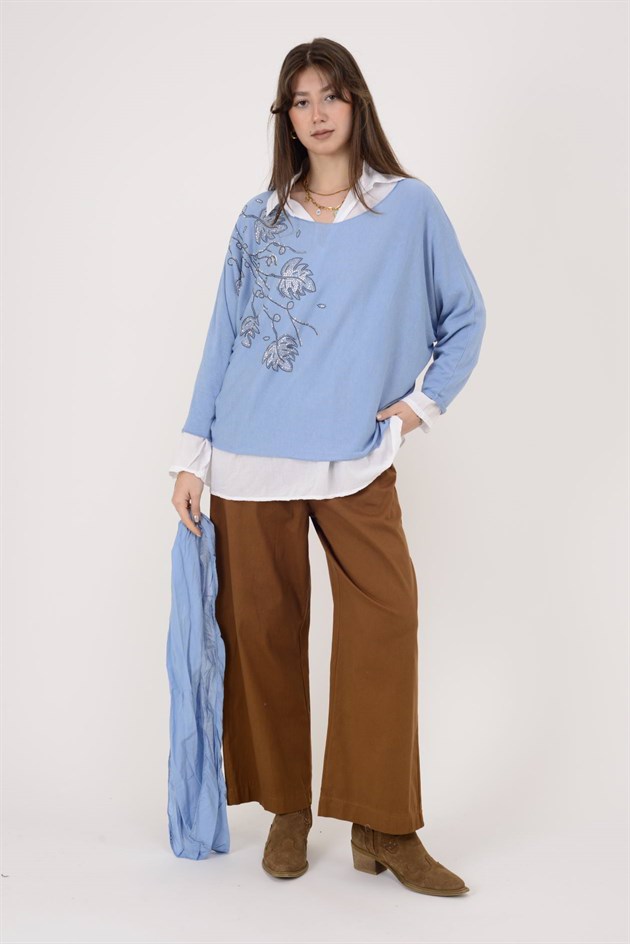 23098 TAŞ İŞLEMELİ 2Lİ TRİKO BLUZ