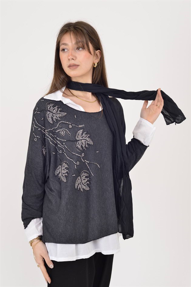 23098 TAŞ İŞLEMELİ 2Lİ TRİKO BLUZ