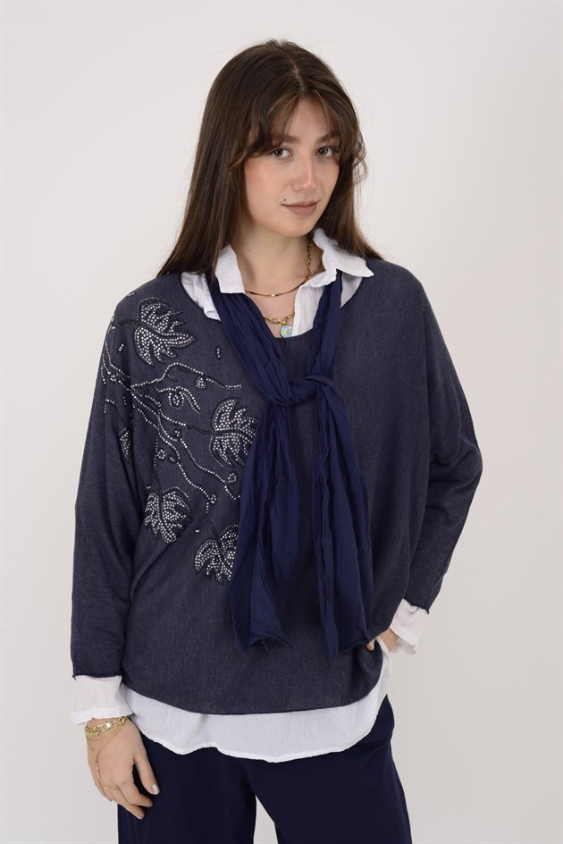 23098 TAŞ İŞLEMELİ 2Lİ TRİKO BLUZ