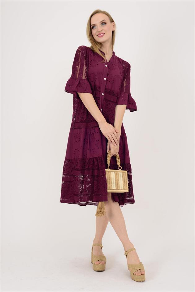 24029 FİSTO DETAYLI MİDİ BOY DANTEL ELBİSE