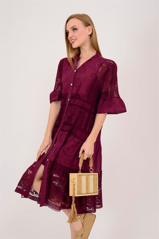 24029 FİSTO DETAYLI MİDİ BOY DANTEL ELBİSE