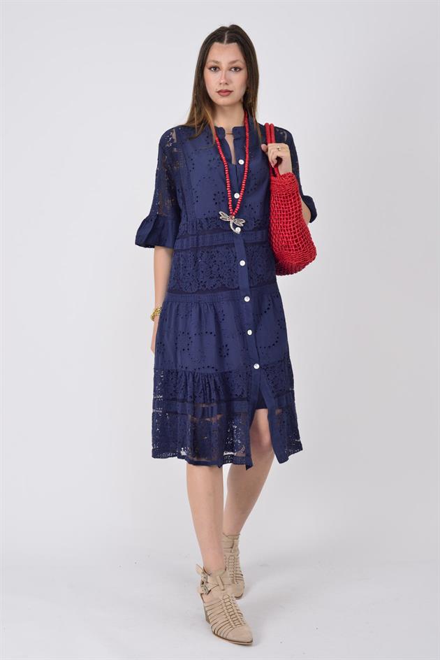 24029 FİSTO DETAYLI MİDİ BOY DANTEL ELBİSE