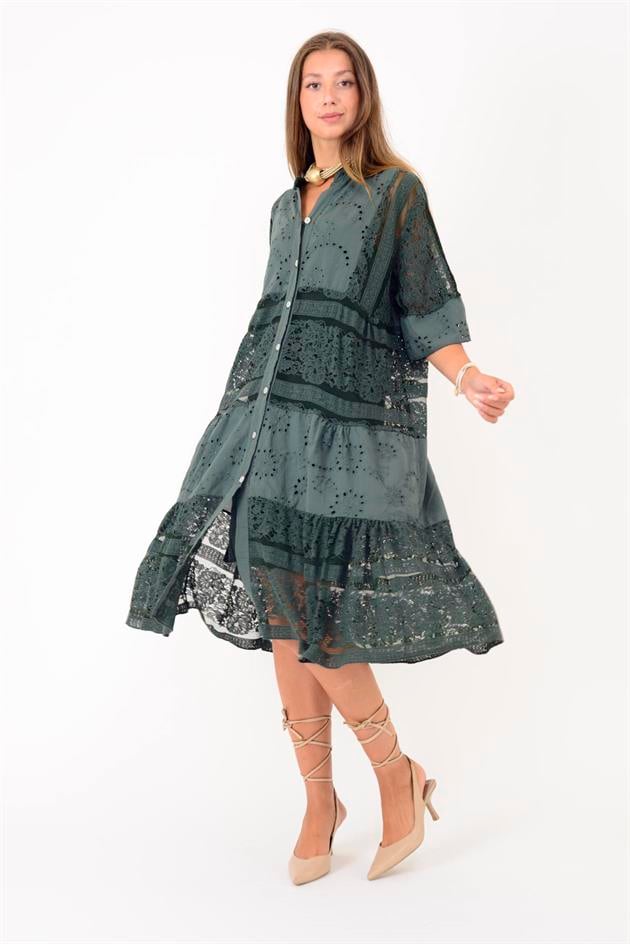 24029 FİSTO DETAYLI MİDİ BOY DANTEL ELBİSE