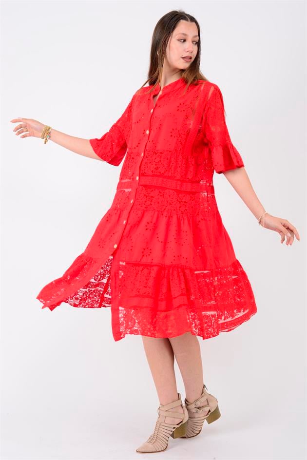 24029 FİSTO DETAYLI MİDİ BOY DANTEL ELBİSE