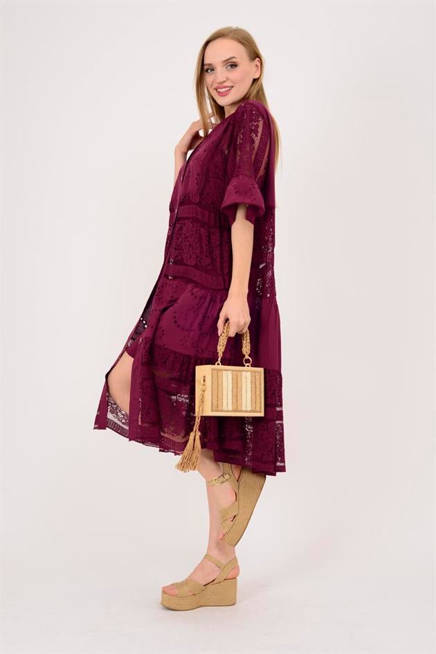 24029 FİSTO DETAYLI MİDİ BOY DANTEL ELBİSE