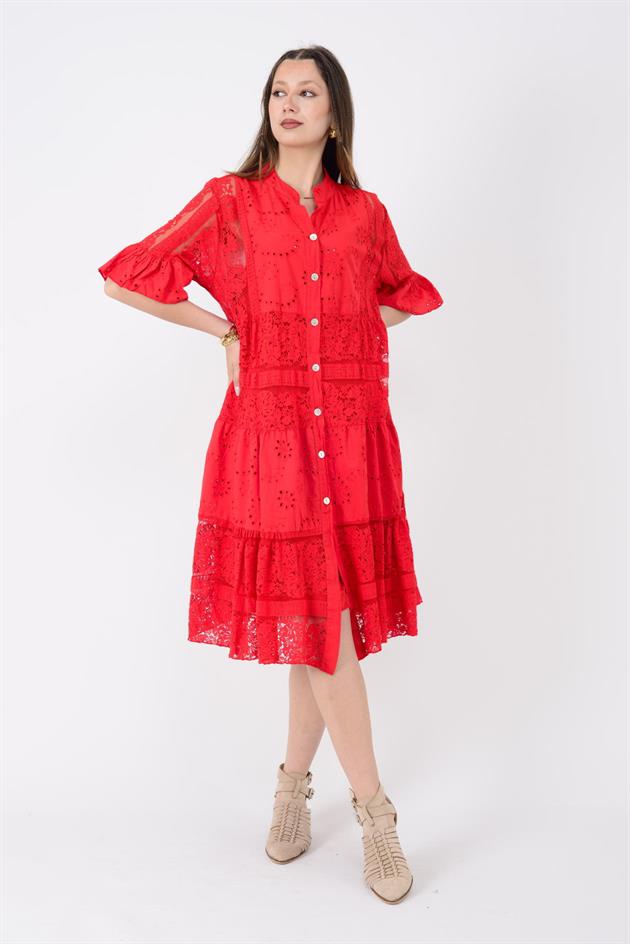 24029 FİSTO DETAYLI MİDİ BOY DANTEL ELBİSE