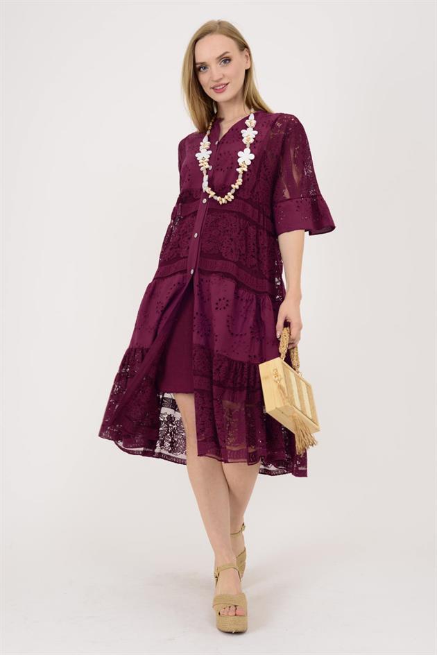 24029 FİSTO DETAYLI MİDİ BOY DANTEL ELBİSE