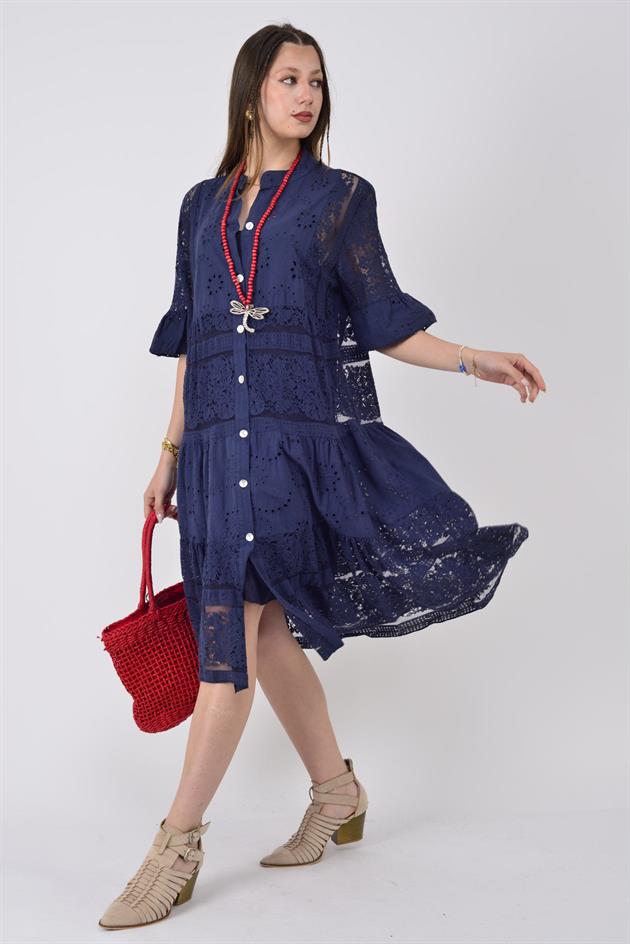 24029 FİSTO DETAYLI MİDİ BOY DANTEL ELBİSE