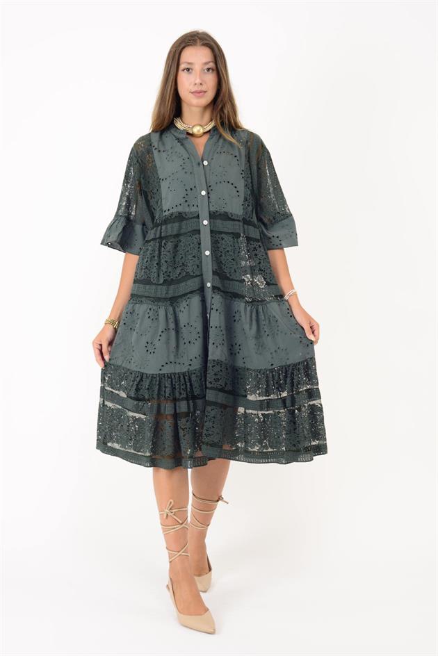 24029 FİSTO DETAYLI MİDİ BOY DANTEL ELBİSE