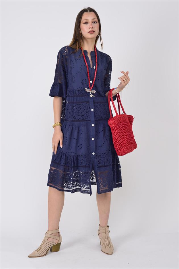 24029 FİSTO DETAYLI MİDİ BOY DANTEL ELBİSE