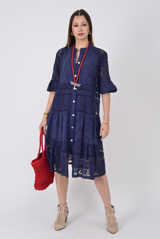 24029 FİSTO DETAYLI MİDİ BOY DANTEL ELBİSE