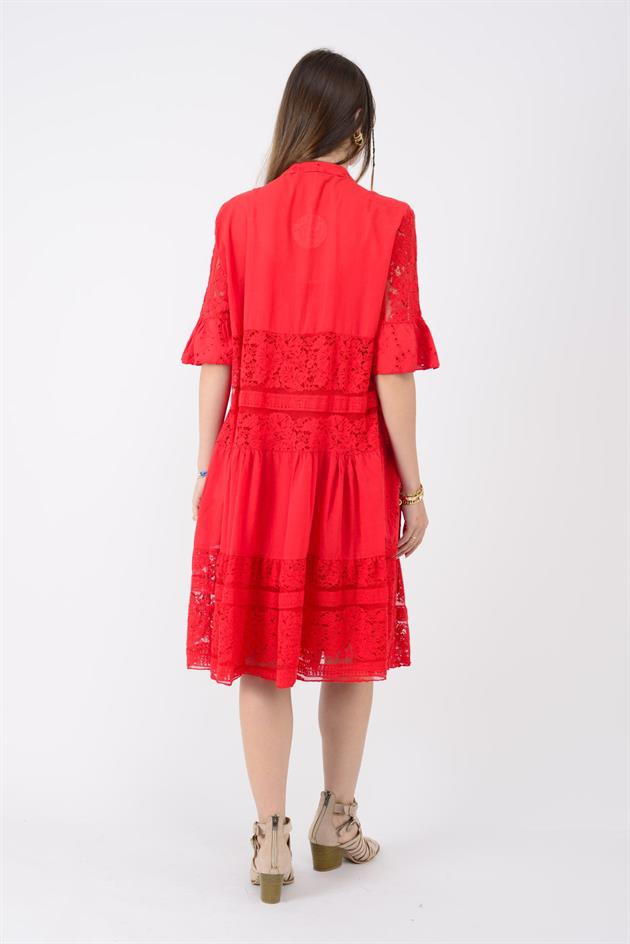 24029 FİSTO DETAYLI MİDİ BOY DANTEL ELBİSE