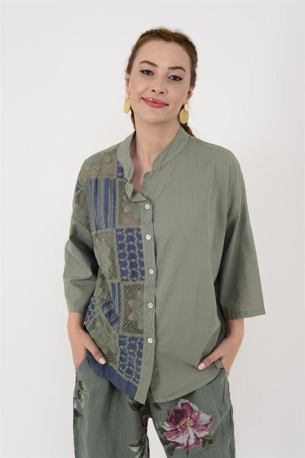 24055 DANTEL DETAYLI KETEN GÖMLEK