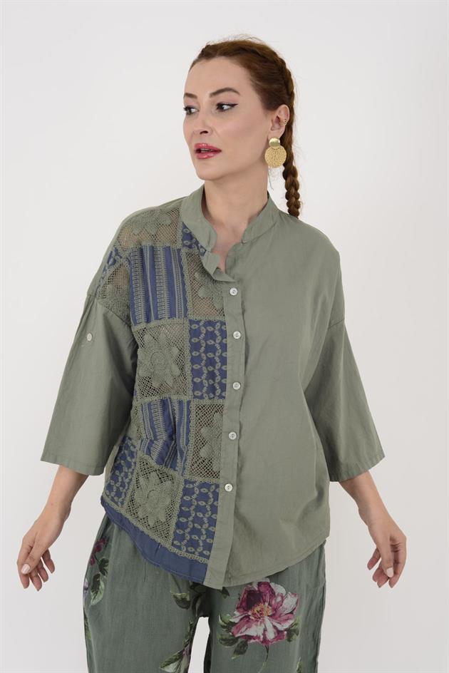 24055 DANTEL DETAYLI KETEN GÖMLEK