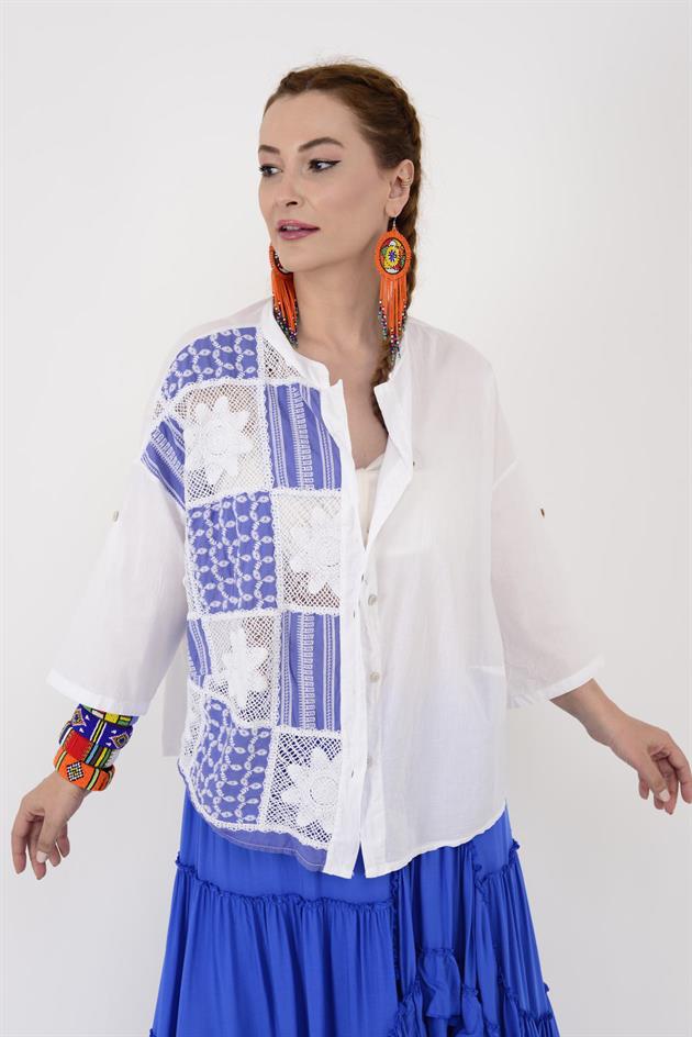 24055 DANTEL DETAYLI KETEN GÖMLEK