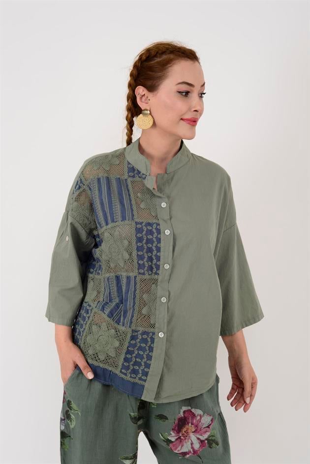 24055 DANTEL DETAYLI KETEN GÖMLEK