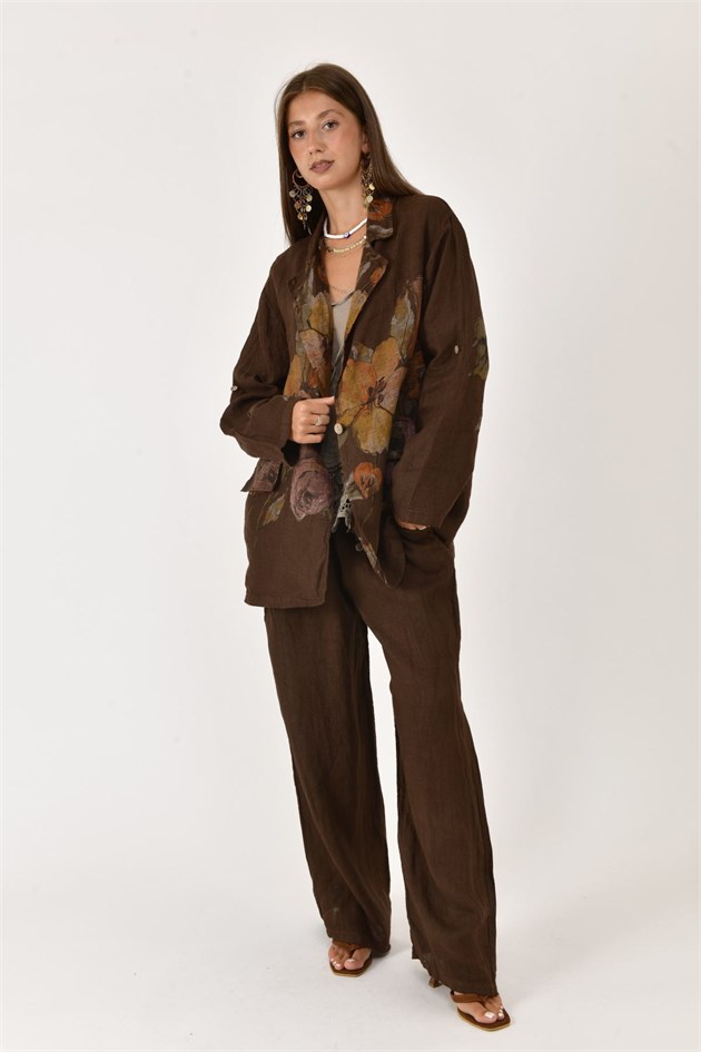 24397 SPRING ÇİÇEK DESEN BLAZER CEKETLİ 2Lİ KETEN TAKIM