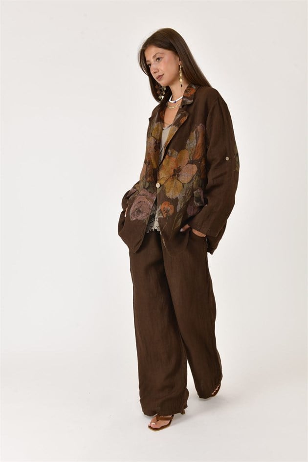 24397 SPRING ÇİÇEK DESEN BLAZER CEKETLİ 2Lİ KETEN TAKIM