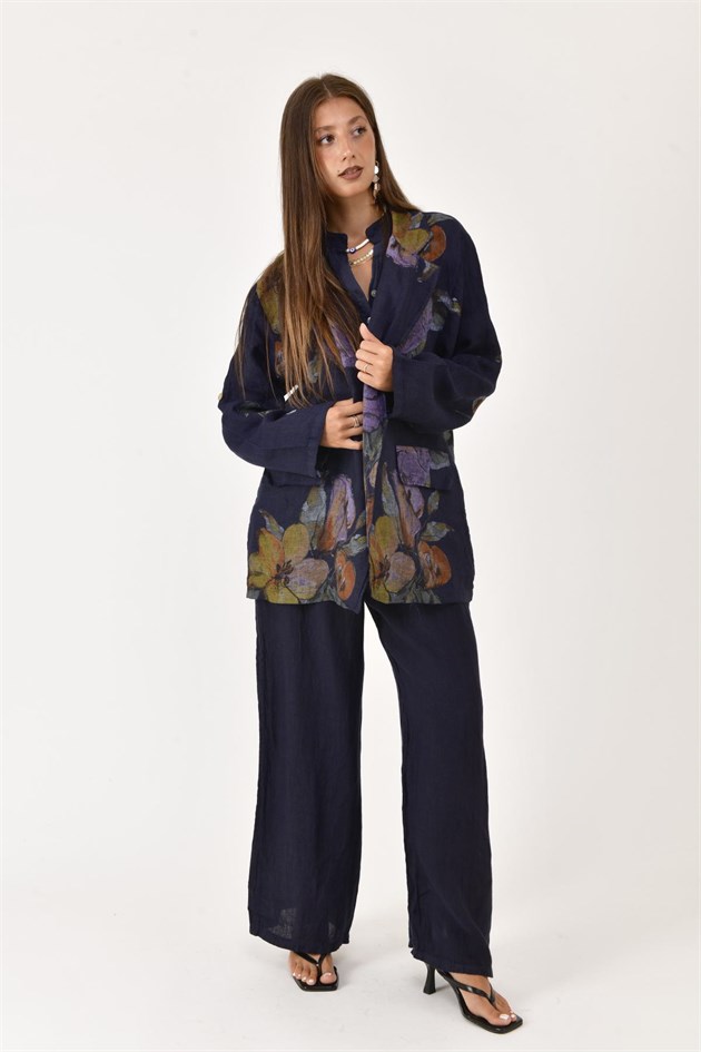 24397 SPRING ÇİÇEK DESEN BLAZER CEKETLİ 2Lİ KETEN TAKIM