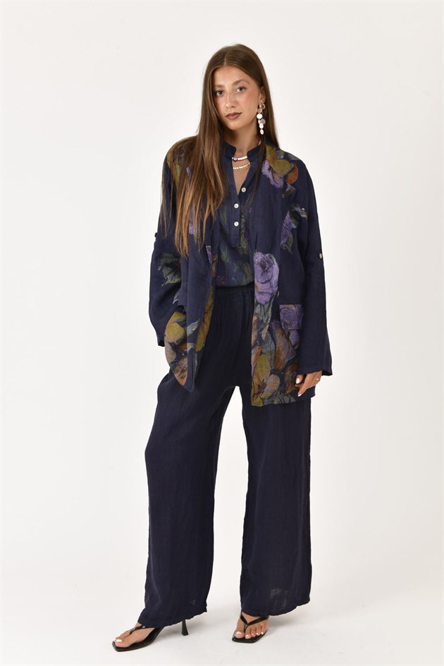 24397 SPRING ÇİÇEK DESEN BLAZER CEKETLİ 2Lİ KETEN TAKIM