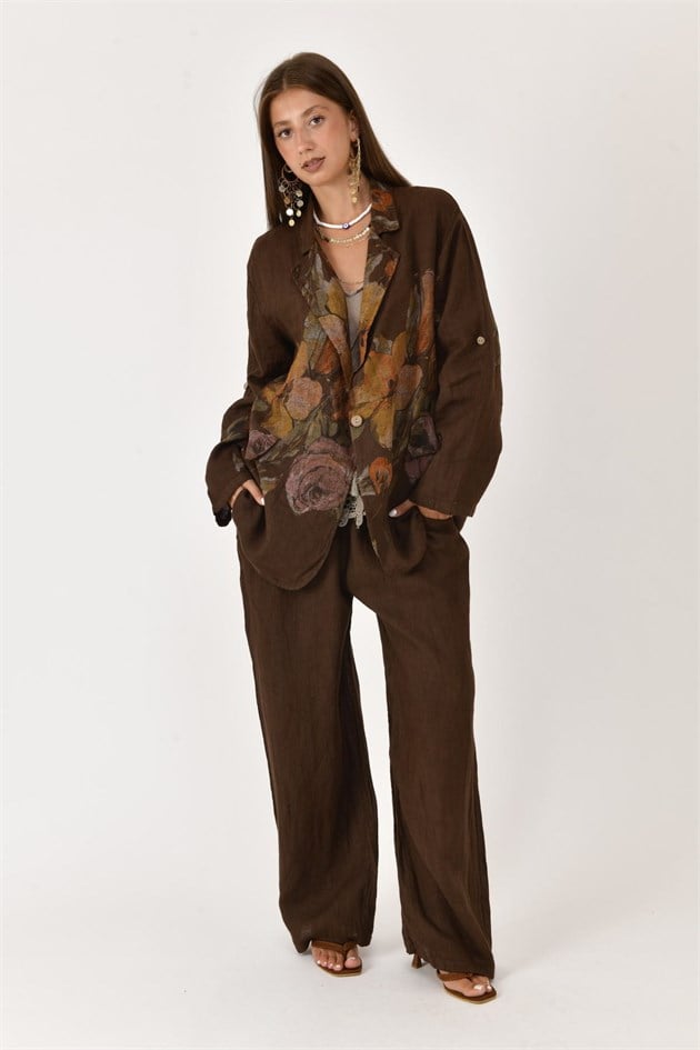 24397 SPRING ÇİÇEK DESEN BLAZER CEKETLİ 2Lİ KETEN TAKIM