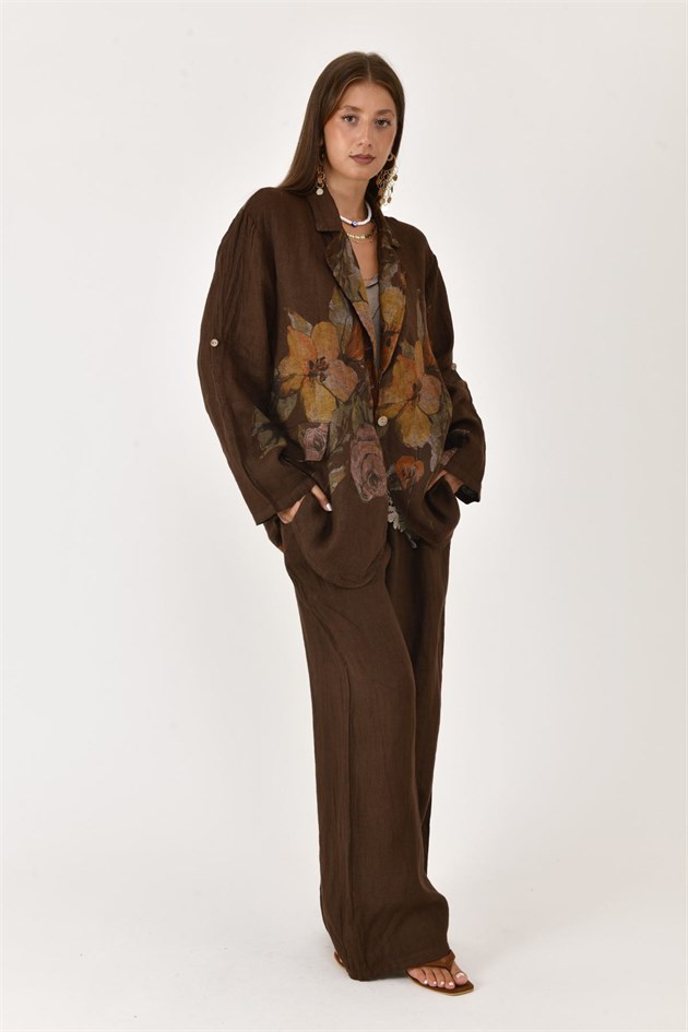 24397 SPRING ÇİÇEK DESEN BLAZER CEKETLİ 2Lİ KETEN TAKIM