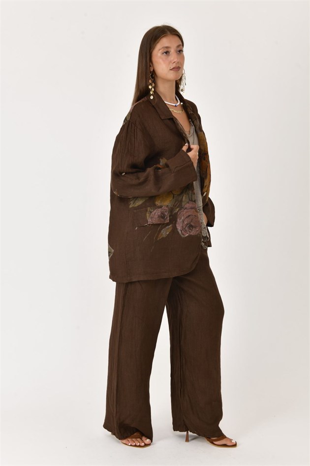 24397 SPRING ÇİÇEK DESEN BLAZER CEKETLİ 2Lİ KETEN TAKIM