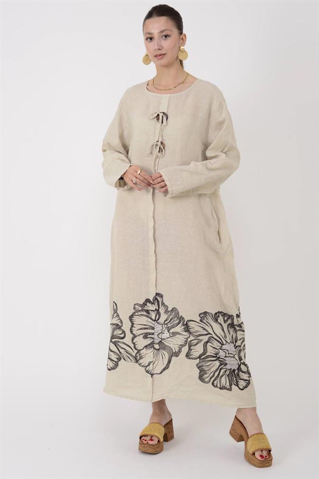 24632 LOVA BİYE DETAYLI İRİ DÜĞMELİ KETEN ELBİSE