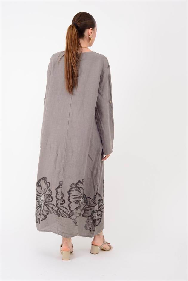 24632 LOVA BİYE DETAYLI İRİ DÜĞMELİ KETEN ELBİSE