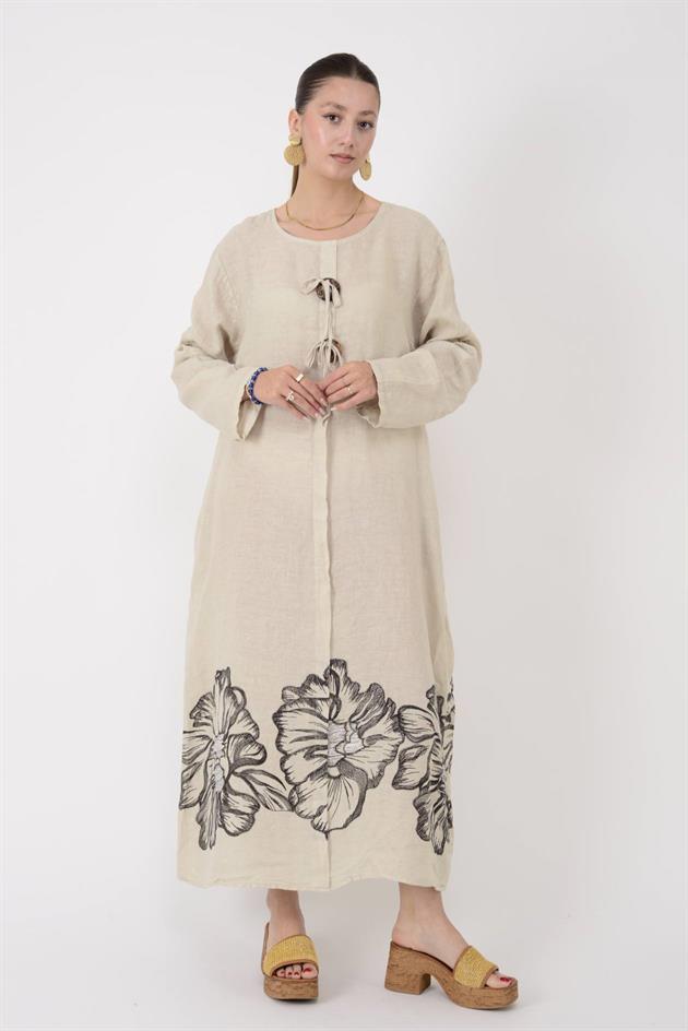 24632 LOVA BİYE DETAYLI İRİ DÜĞMELİ KETEN ELBİSE