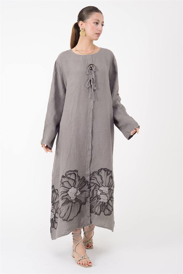 24632 LOVA BİYE DETAYLI İRİ DÜĞMELİ KETEN ELBİSE