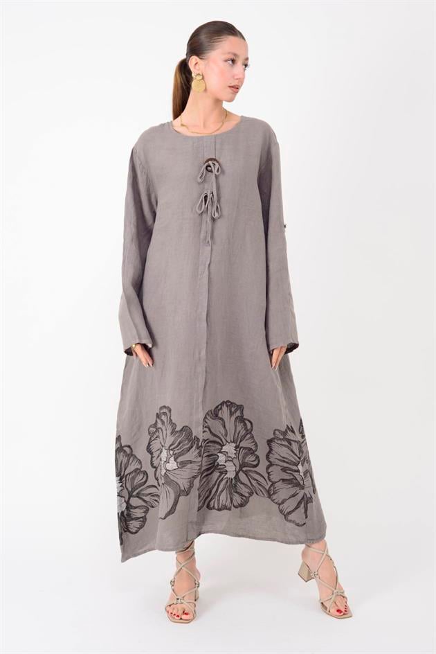 24632 LOVA BİYE DETAYLI İRİ DÜĞMELİ KETEN ELBİSE