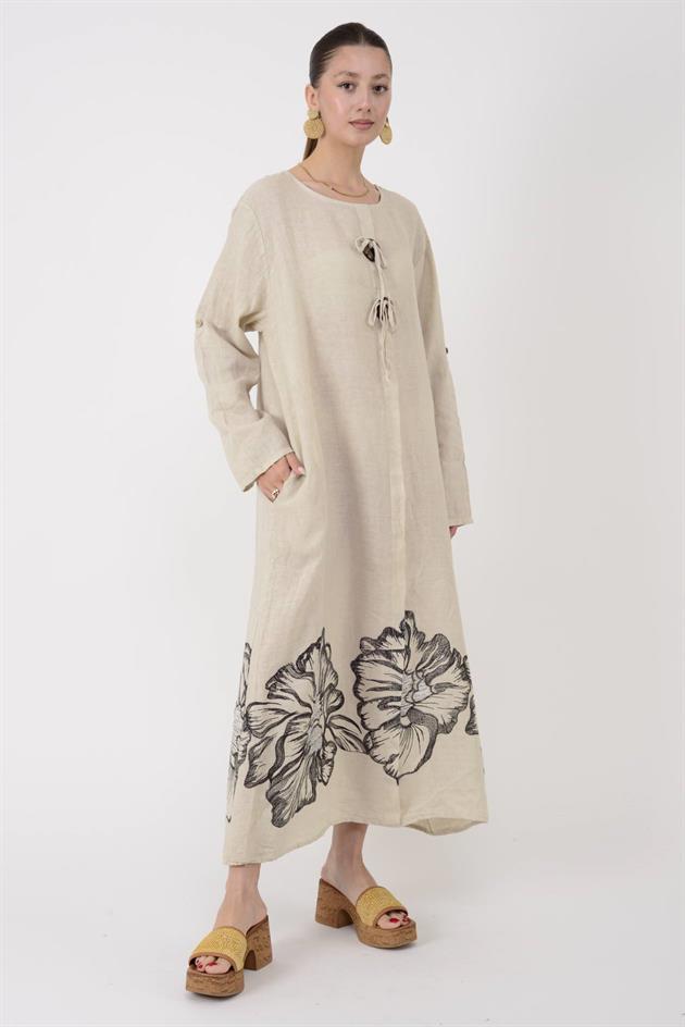 24632 LOVA BİYE DETAYLI İRİ DÜĞMELİ KETEN ELBİSE