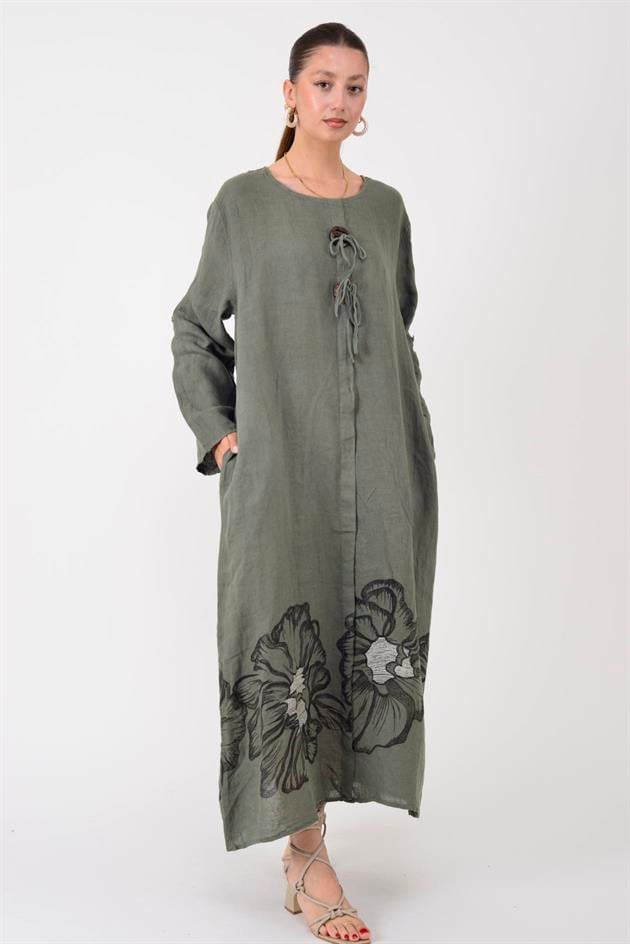 24632 LOVA BİYE DETAYLI İRİ DÜĞMELİ KETEN ELBİSE