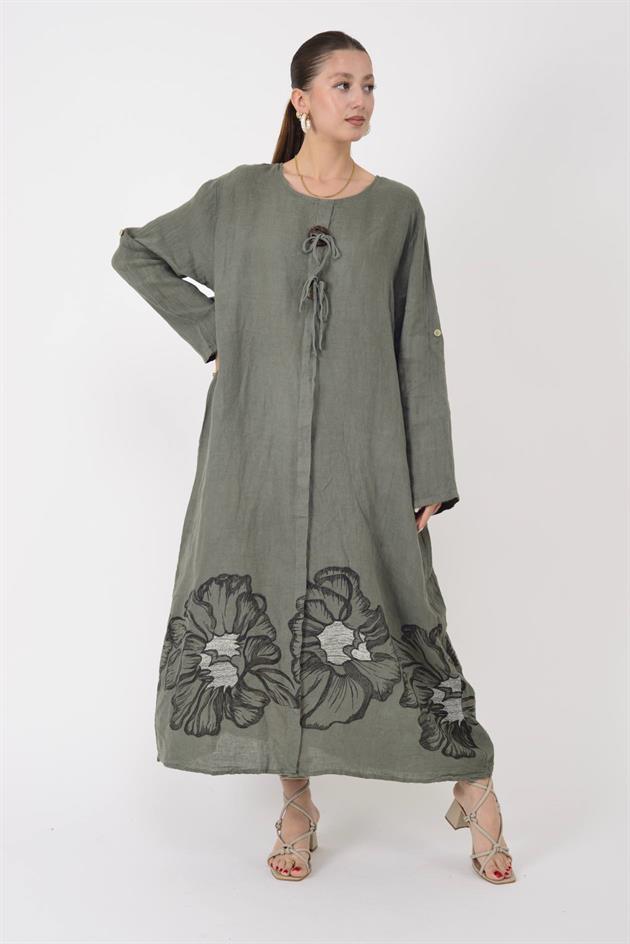 24632 LOVA BİYE DETAYLI İRİ DÜĞMELİ KETEN ELBİSE