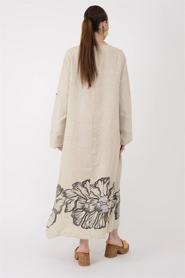 24632 LOVA BİYE DETAYLI İRİ DÜĞMELİ KETEN ELBİSE