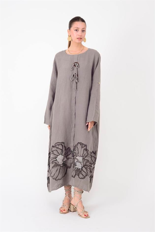 24632 LOVA BİYE DETAYLI İRİ DÜĞMELİ KETEN ELBİSE