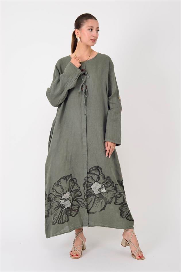 24632 LOVA BİYE DETAYLI İRİ DÜĞMELİ KETEN ELBİSE