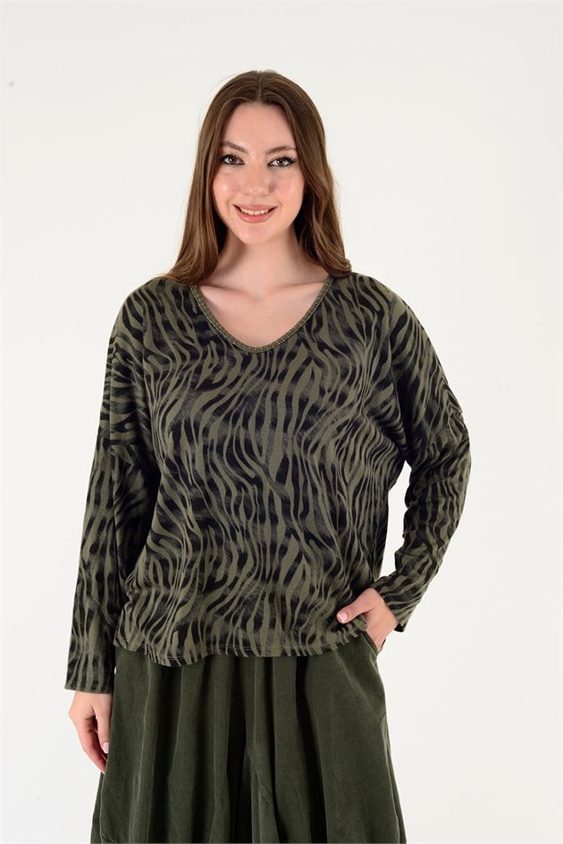 24779 ZEBRA DESEN V YAKA TRİKO BLUZ