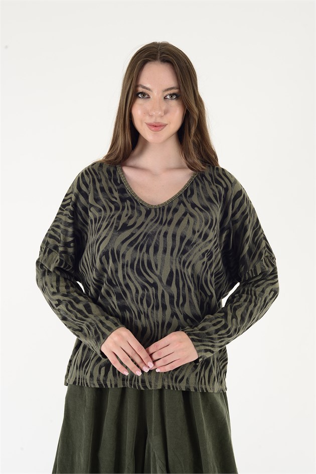 24779 ZEBRA DESEN V YAKA TRİKO BLUZ
