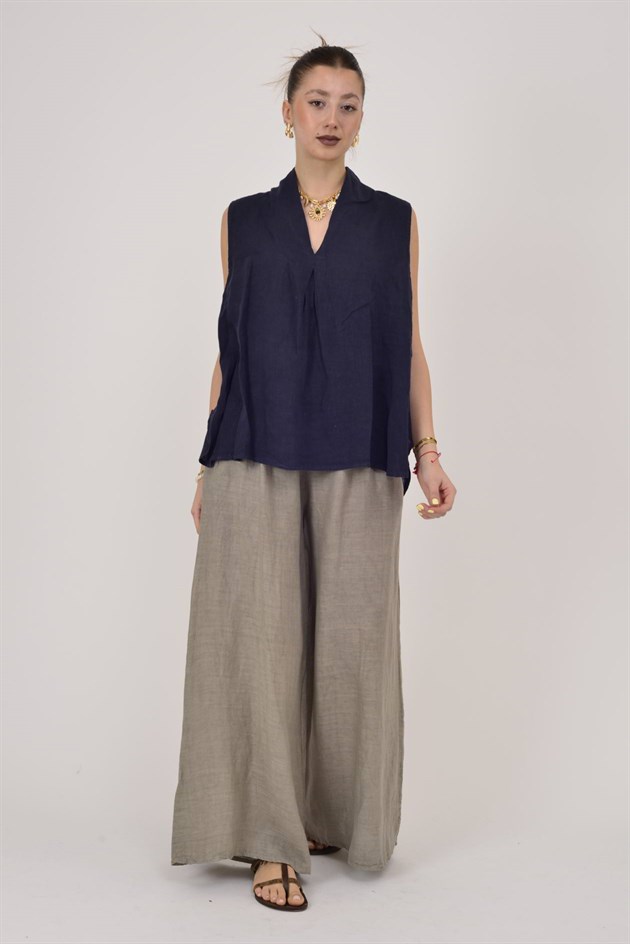 25-57 V YAKA KOLSUZ KETEN BLUZ