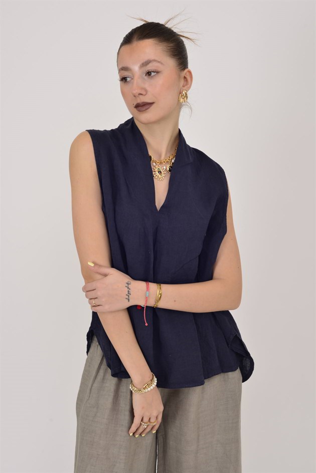 25-57 V YAKA KOLSUZ KETEN BLUZ