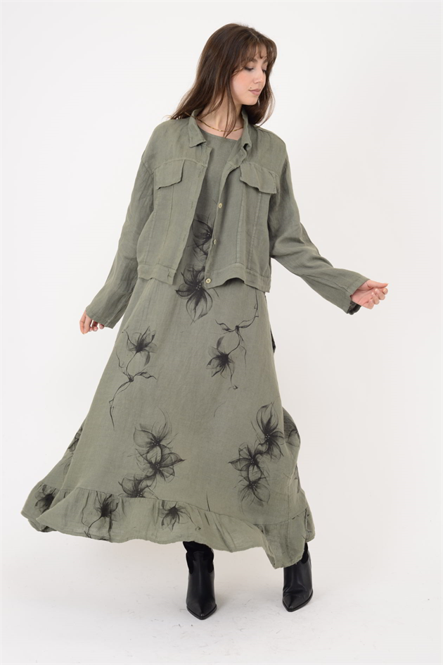 25001 ÇİÇEK DESEN 2Lİ KETEN TAKIM ELBİSE