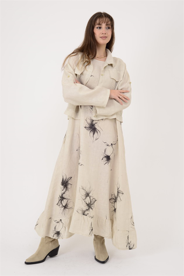 25001 ÇİÇEK DESEN 2Lİ KETEN TAKIM ELBİSE