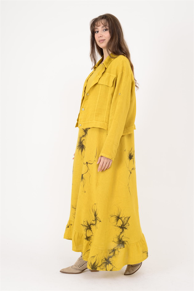 25001 ÇİÇEK DESEN 2Lİ KETEN TAKIM ELBİSE