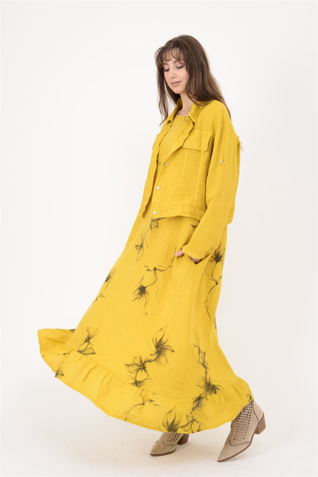 25001 ÇİÇEK DESEN 2Lİ KETEN TAKIM ELBİSE